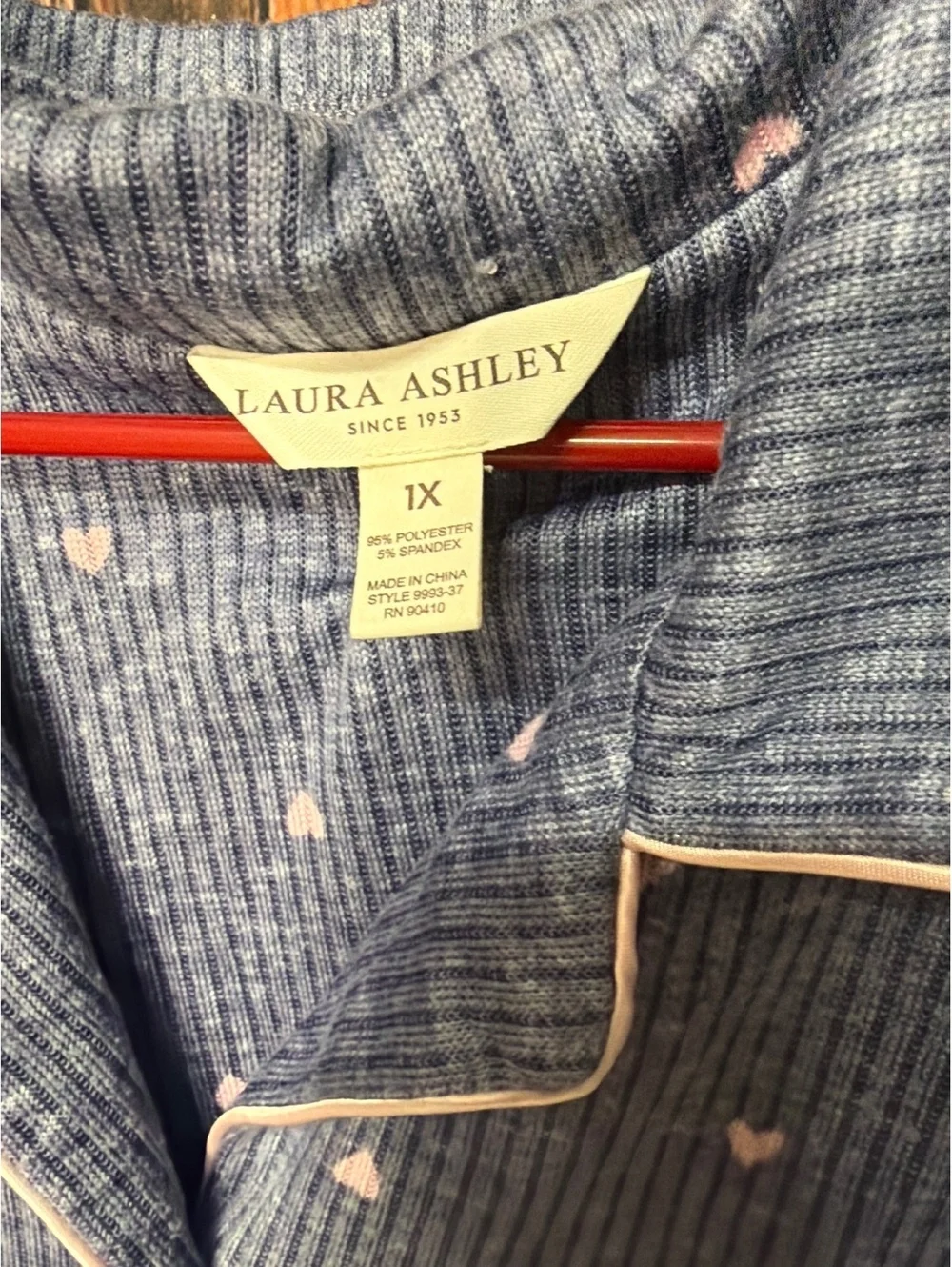 Laura Ashley Blue Ribbed Pajama Set with Pink Hearts, Size 1X